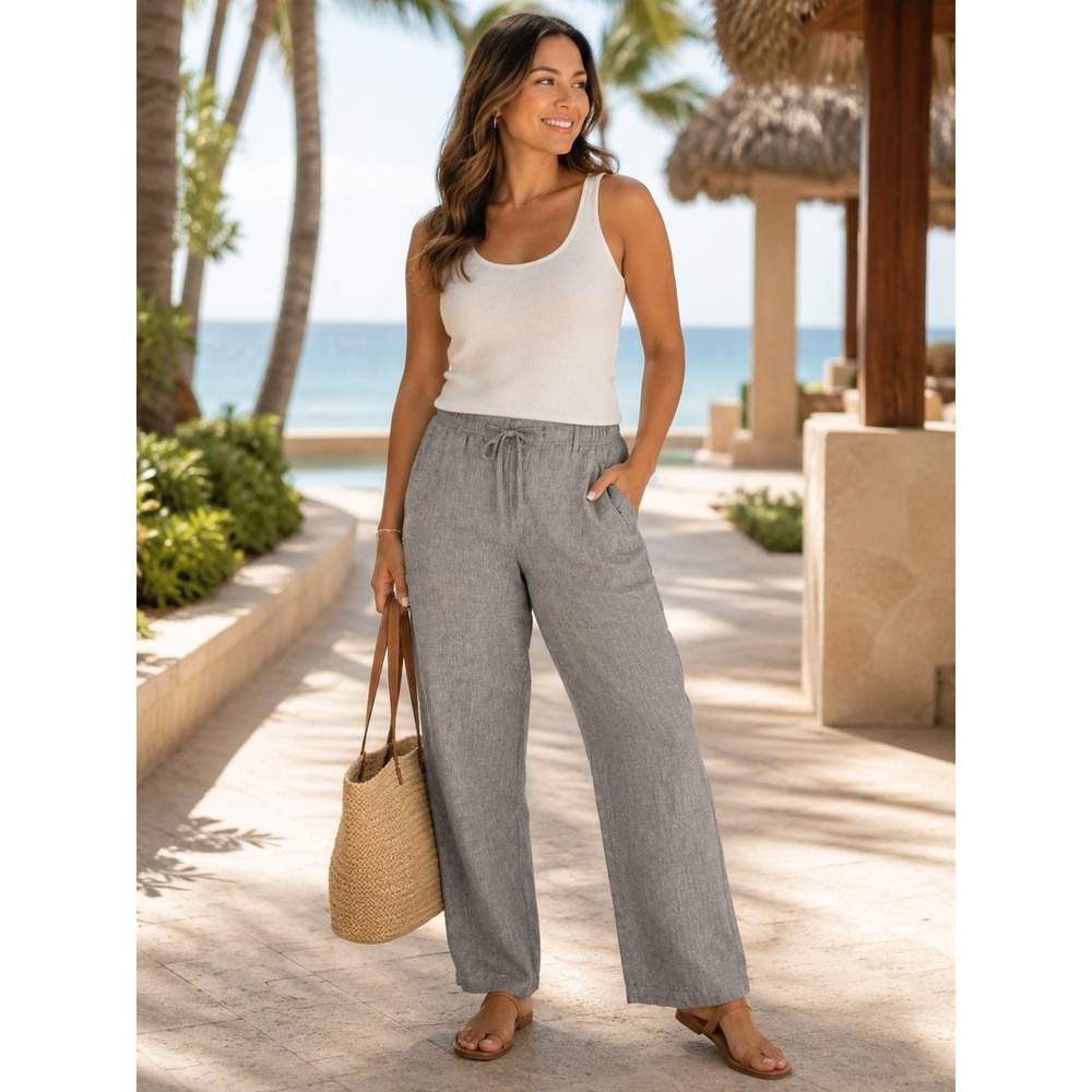 Tasso Elba Island Pants Women Large Gray Linen Cotton Blend Drawstring Casual